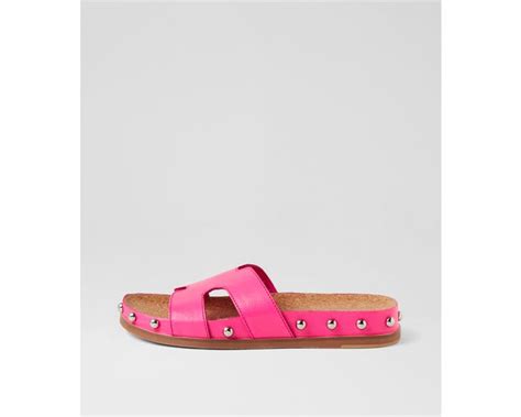 Quinni Hot Pink Silver Leather Slides by Midas .